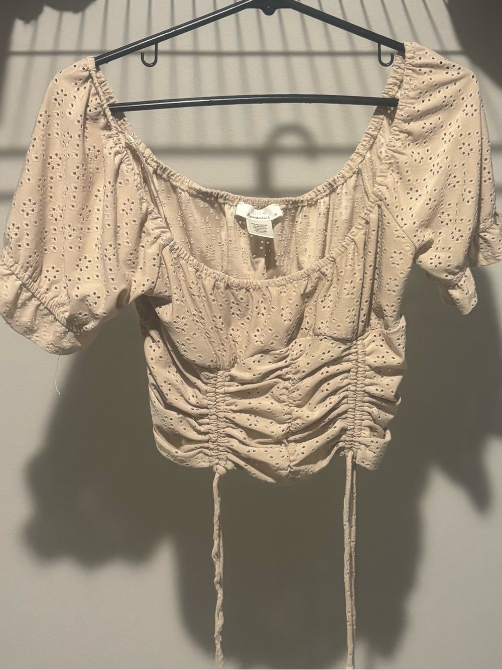 URBAN Romantics Cream Eyelet Ruched Drawstring Crop Blouse